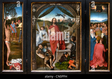 Triptyque Auferstehung Christi 1490 von Hans Memling 1430 - 1494 Belgische, Belgien, Flämische, L-Martyrium des Heiligen Sebastian, R - Himmelfahrt Christi Stockfoto