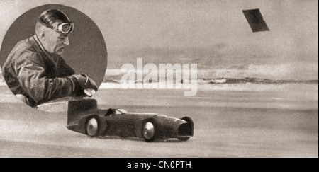 Sir Malcolm Campbell, Inset und seinem Rennwagen Bluebird 1931. Stockfoto