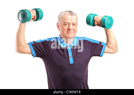 Ein reifer Mann hob eine Hanteln isoliert auf weißem Hintergrund Stockfoto