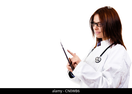 lächelnde Ärztin mit Tablet-pc auf weißem Hintergrund Stockfoto