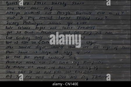 England, Kent, Romney Marsh, Dungenness, Ausschnitt aus Kabel Wand von Derek Jarmans Strandhaus mit schwarzer Schrift in Holz. Stockfoto