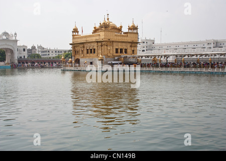 Darbar Sahib und Amrit Sarovar in Golden Tempel mit Anhänger (Männer und Frauen) auf dem Damm über das Gewässer Stockfoto