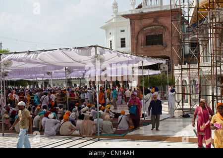 Anhänger im Inneren des goldenen Tempels in Langar (kommunale fest) vor der Akal Takht sowie Eingang zum Causeway sitzen Stockfoto