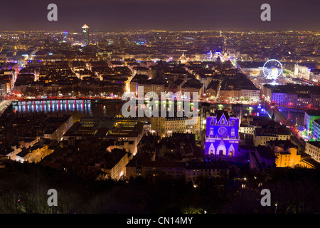 Frankreich, Rhone, Lyon, historische Stätte, die Weltkulturerbe der UNESCO, die Fête des lumières (Light Festival) mit Blick Stockfoto