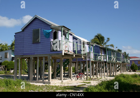 Farbenfrohe Strandbungalows auf der Karibikinsel Caye Caulker, Belize. Eine ruhige tropische Urlaubsszene mit traditioneller Holzarchitektur Stockfoto