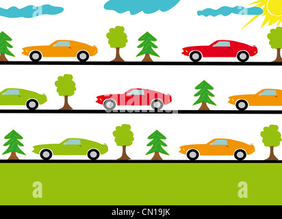 Vektor-Illustration der Sportwagen auf der Straße im Wald. Stockfoto