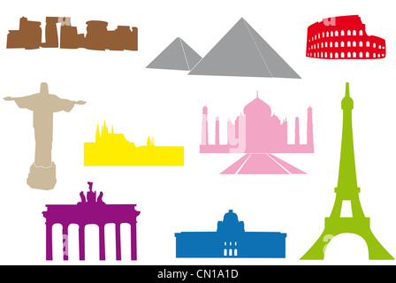 Satz der weltweit wichtigsten Denkmäler. Stockfoto