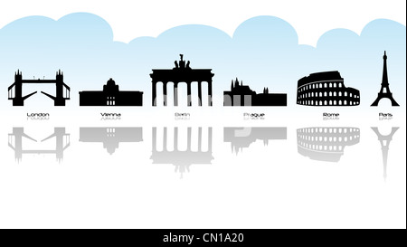 Schwarze Silhouette des Europäischen Wahrzeichen mit Reflexion. Stockfoto