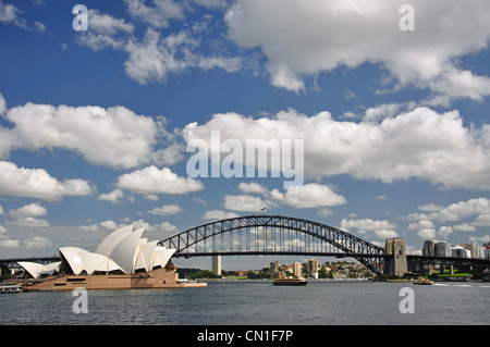 Sydney Harbour Bridge und Opera House von MacQuaries Point, Domain, Sydney, New South Wales, Australien Stockfoto