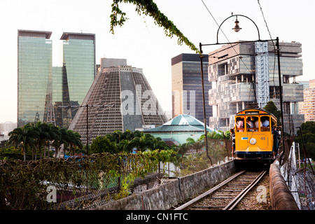 die Heritage bonde (Straßenbahn) der Santa Teresa-Linie führt durch das berühmte Aquädukt Lapa Arches, dahinter die Skyline von Rio de Janeiro – mit der konischen Metropolitan Cathedral auf der linken Seite und dem Petrobras-Hauptquartier auf der rechten Seite. Diese historische Straßenbahn wurde im späten 19. Jahrhundert eröffnet, um das Stadtzentrum mit dem auf einem Hügel gelegenen Viertel Santa Teresa zu verbinden, und wurde 1988 zum nationalen historischen Denkmal erklärt. Stockfoto