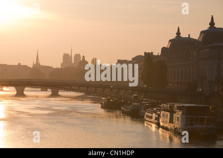 Frankreich, Paris, Sonnenaufgang am Flussufer der Seine, Weltkulturerbe der UNESCO, Bacllighting über die Passerelle des Stockfoto