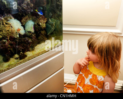 Junges Mädchen Blick auf Fische In Salzwasser Aquarium Stockfoto