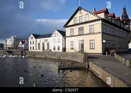 Reykjavik-See mit Tjarnarskoli Schule im Vordergrund, Island Stockfoto