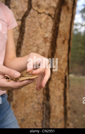 Frau mit Baumrinde Stockfoto