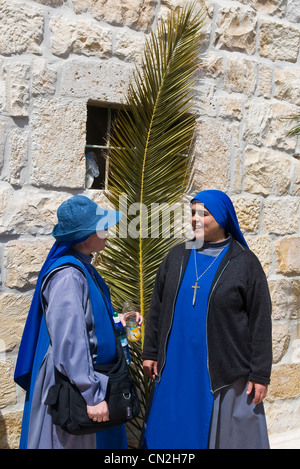 Nicht identifizierte Nonnen nehmen Teil in der Palmprozession am Palmsonntag in Jerusalem Stockfoto