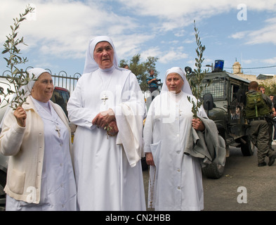 Nicht identifizierte Nonnen nehmen Teil in der Palmprozession am Palmsonntag in Jerusalem Stockfoto