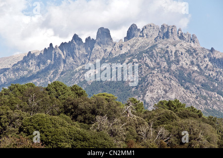 Die gezackten Gipfel der Aiguilles de Bavella, von der Stadt Quenza aus gesehen, in der südlichen Region Alta Rocca von Korsika, Frankreich. Stockfoto