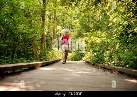 Kleiner Junge Holzsteg im Wald spazieren Stockfoto