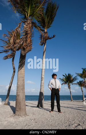 Geschäftsmann stand Palme am Strand Stockfoto