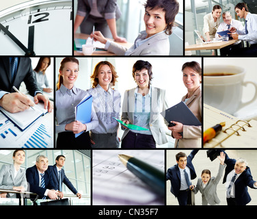 Collage aus erfolgreichen Geschäftspartnern bei der Arbeit Stockfoto