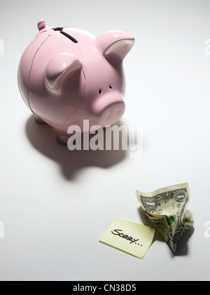 Gebrochene Sparschwein mit einem Dollarschein und sagen, sorry Stockfoto