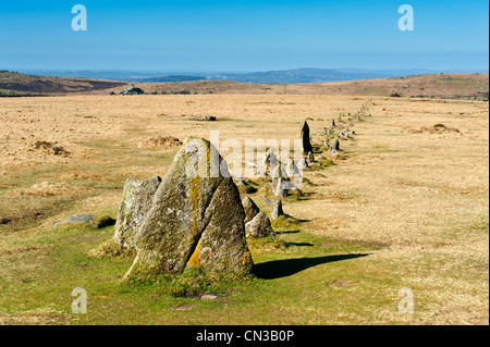 Merrivale ist und auf Dartmor Nationalparks wo gibt es eine Anzahl von prähistorischen Monumenten, Stein Zeilen Steinsärge, Kreise usw.. Stockfoto