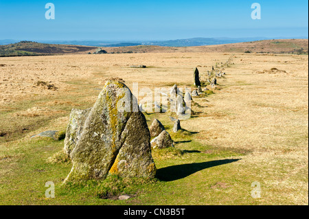 Merrivale ist und auf Dartmor Nationalparks wo gibt es eine Anzahl von prähistorischen Monumenten, Stein Zeilen Steinsärge, Kreise usw.. Stockfoto