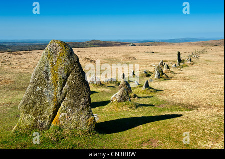 Merrivale ist und auf Dartmor Nationalparks wo gibt es eine Anzahl von prähistorischen Monumenten, Stein Zeilen Steinsärge, Kreise usw.. Stockfoto