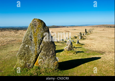 Merrivale ist und auf Dartmor Nationalparks wo gibt es eine Anzahl von prähistorischen Monumenten, Stein Zeilen Steinsärge, Kreise usw.. Stockfoto