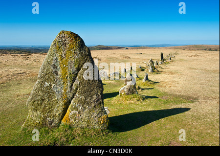 Merrivale ist und auf Dartmor Nationalparks wo gibt es eine Anzahl von prähistorischen Monumenten, Stein Zeilen Steinsärge, Kreise usw.. Stockfoto