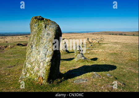 Merrivale ist und auf Dartmor Nationalparks wo gibt es eine Anzahl von prähistorischen Monumenten, Stein Zeilen Steinsärge, Kreise usw.. Stockfoto