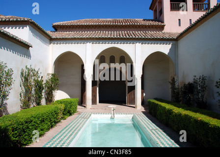 Patio de la Alberca, Nasriden Palast, Alcazaba de Malaga, Málaga, Andalusien, Spanien, Europa. Stockfoto