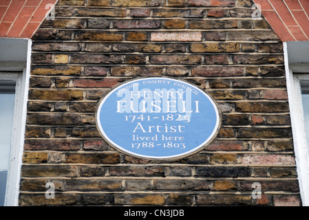 London County Council blaue Plakette zum Gedenken an Künstler Henry Fuseli in 37 Foley Street, Westminster, W1, London, UK Stockfoto