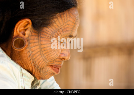 Myanmar (Burma), Rakhine (Arakan) state, Mrauk U, Kinn Dorf tätowierte Dame Portrait, Spinnenfrau Stockfoto