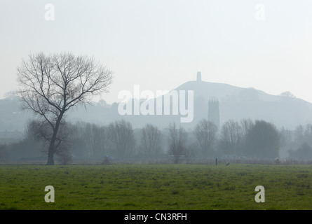 Der Turm von St. John's-Kirche mit der Ruine der St. Michael Kirche in Glastonbury Tor in der Ferne. Somerset. England. Stockfoto