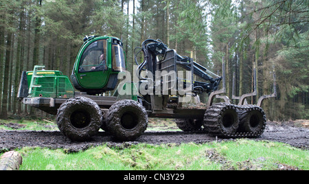 Kommerzielle Forstwirtschaft ein Spediteur, Geländewagen, Kommissionierung Aufarbeitung schneiden Bäume Holz im Wald Forestry Commission, UK Stockfoto