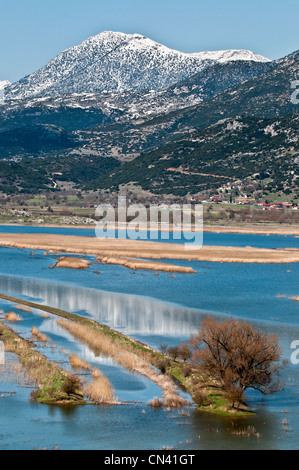 Blick über die stymphalischen See in Richtung Mount Killini (Ziria) im südlichen Korinthia, Peloponnes, Griechenland. Stockfoto