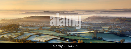 Nebel und Frost für die Somerset Niveaus an einem kalten Wintermorgen in der Nähe von Glastonbury. Stockfoto