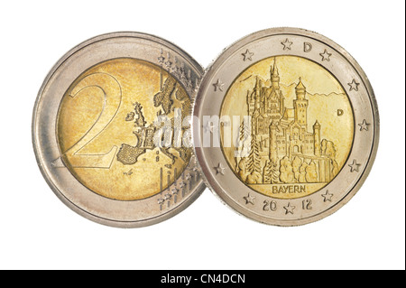 Euro-Münze mit Wahrzeichen Schloss Neuschwanstein in Bayern, Deutschland Stockfoto