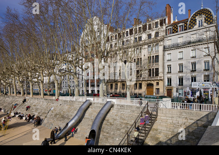 Frankreich, Rhone, Lyon, Rhone Fluss anlegt, Quai du General Sarrail (General Sarrail Wharf) Stockfoto