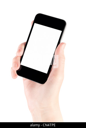 Hand hält mobile Smartphone mit leeren Bildschirm. Isoliert auf weiss. Stockfoto