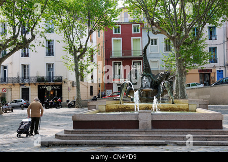 Frankreich, Herault, Sete, Place Léon Blum, Le Poufre Brunnen, Erstellung des Künstlers Pierre Nocca Stockfoto