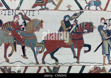 Frankreich, Calvados, Bayeux tapestry Museum, Teppich von Bayeux, Tapisserie der Königin Mathilde, als Erinnerung an die Welt von Stockfoto