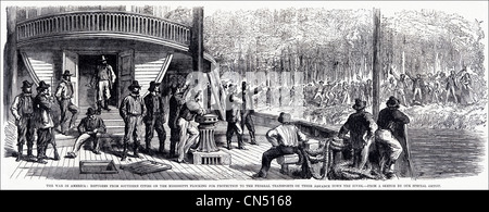 Amerikanischer Bürgerkrieg 1861 - 1865 Flüchtlinge aus den südlichen Städten auf dem Mississippi suchen Schutz auf Bundes Boote Reisen hinter einem viktorianischen Gravur vom 5. Juli 1862 Stockfoto