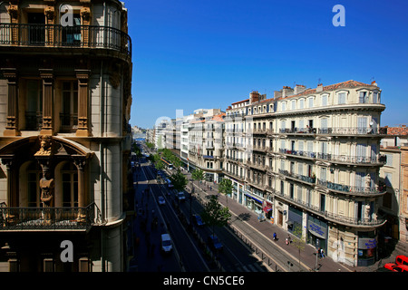 Frankreich, Marseille, Bouches-du-Rhône, 1. Bezirk, La Canebiere, Winkel Rue Vincent Scotto Stockfoto