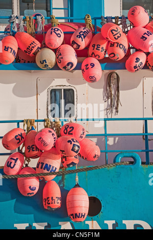 Bunten Festwagen hängenden Heck des Sac Roe Heringsfischerei zart in Sitka, Alaska angedockt. Stockfoto