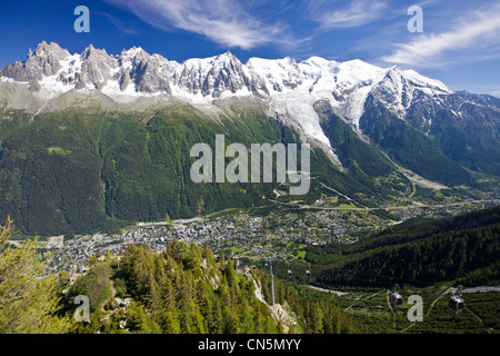 Frankreich, Haute Savoie Chamonix Mont Blanc, Massif des Aiguilles Rouges, Panorama von Gares de Planpraz (1999m) am Kabel Stockfoto