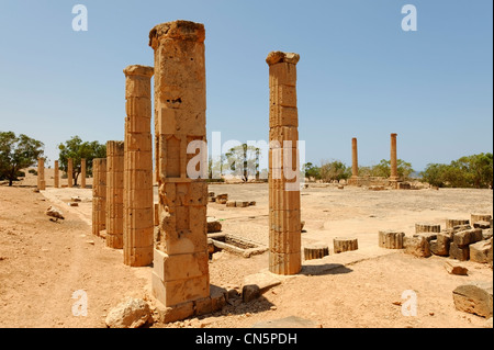 Ptolemais. Cyrenaica. Libyen. Ansicht von wiederhergestellt Spalten an der griechischen Agora / Marktplatz und später als Forum von der Stockfoto