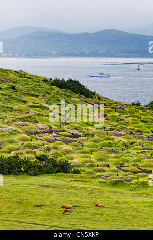 Südkorea, Provinz Jeju, U Island, Gräber und Jeju Island im Hintergrund Stockfoto