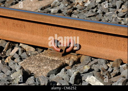 Nahaufnahme Detail eines Eisenbahn-Strecke-Clips Stockfoto